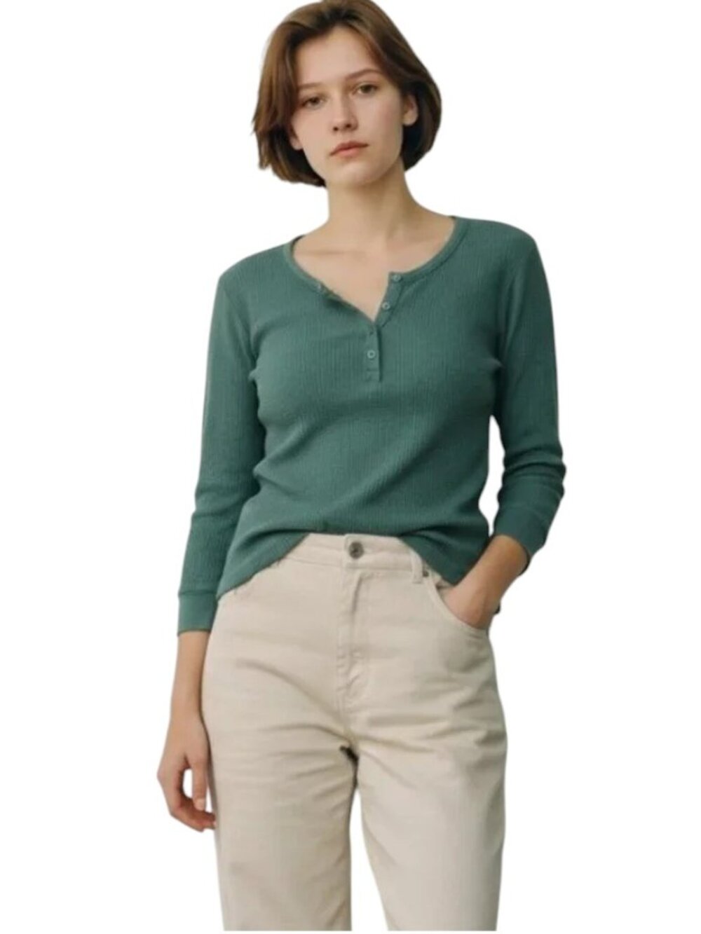 Splendid Waffle Knit Henley, Green M